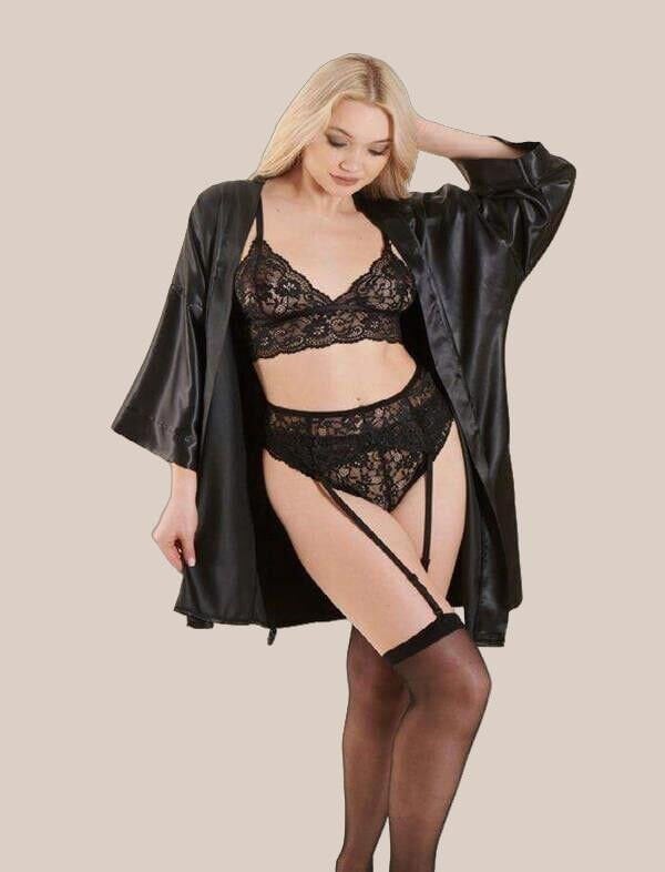 Arias Closet Siyah Dantelli Jartiyerli Saten 2'li Fantezi Takım