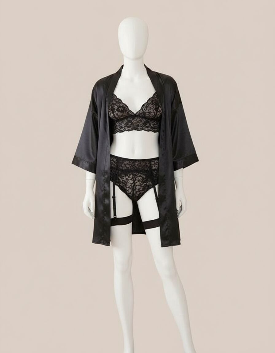 Siyah Dantelli Jartiyerli Saten 2'li Fantezi Takım