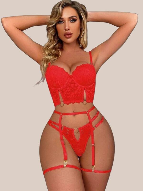 Arias Closet Kırmızı Dantelli Jartiyer Fantezi Seksi Büstiyer Takımı