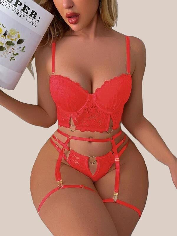 Arias Closet Kırmızı Dantelli Jartiyer Fantezi Seksi Büstiyer Takımı