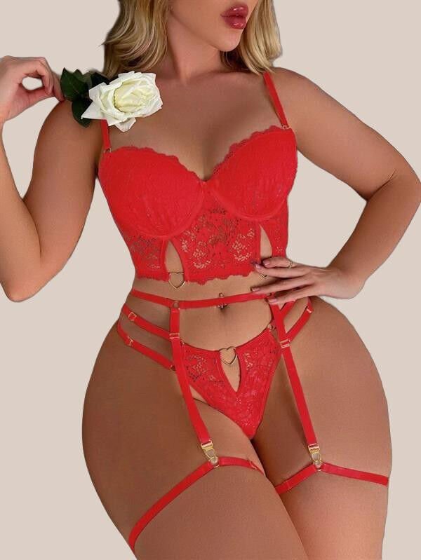 Arias Closet Kırmızı Dantelli Jartiyer Fantezi Seksi Büstiyer Takımı