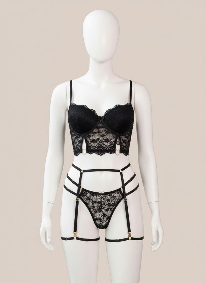 Siyah Dantelli Jartiyer Fantezi Seksi Büstiyer Takımı