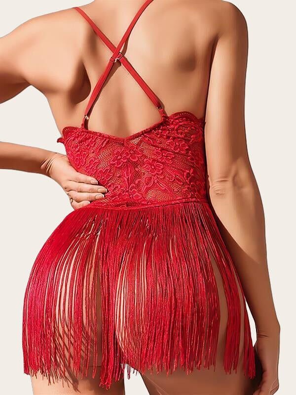 Arias Closet Kırmızı Püsküllü Dantel Detaylı Fantezi Gecelik