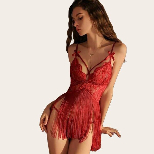 Arias Closet Kırmızı Püsküllü Dantel Detaylı Fantezi Gecelik