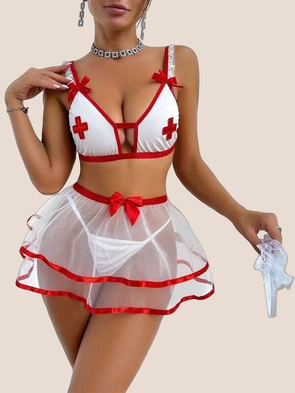 Arias Closet Fantezi Beyaz Tül Etekli Seksi Hemşire Kostümü