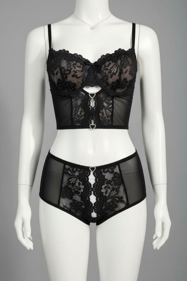 Özel Bölgesi Açık Siyah Dantelli Fantezi Büstiyer Takım