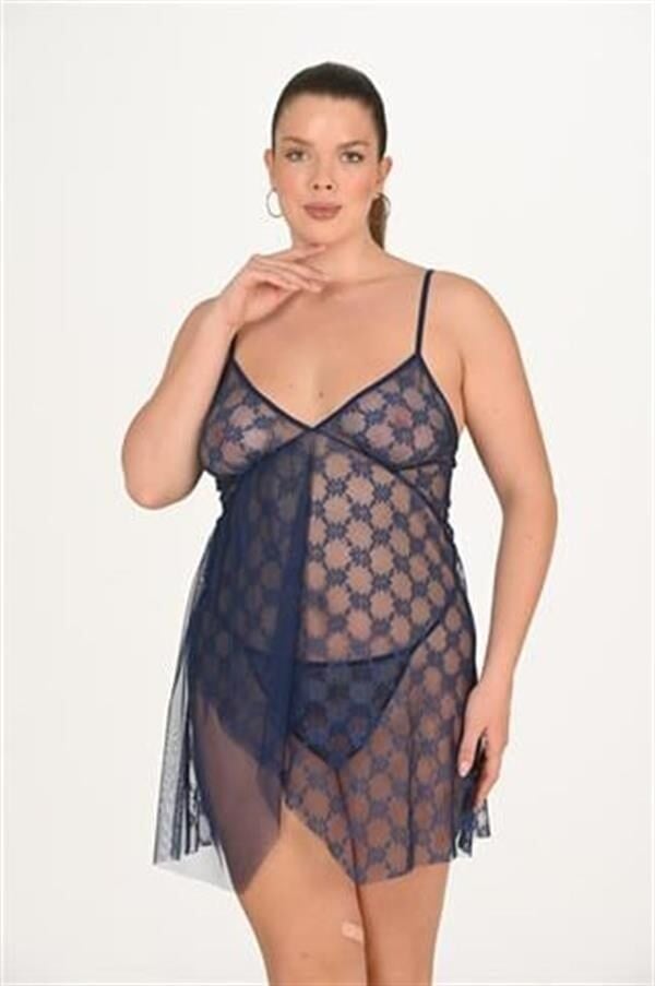 Arias Closet Büyük Beden Lacivert Gecelik 3046