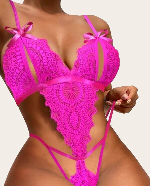 Fiyonklu Dantelli Fuşya Fantezi Body