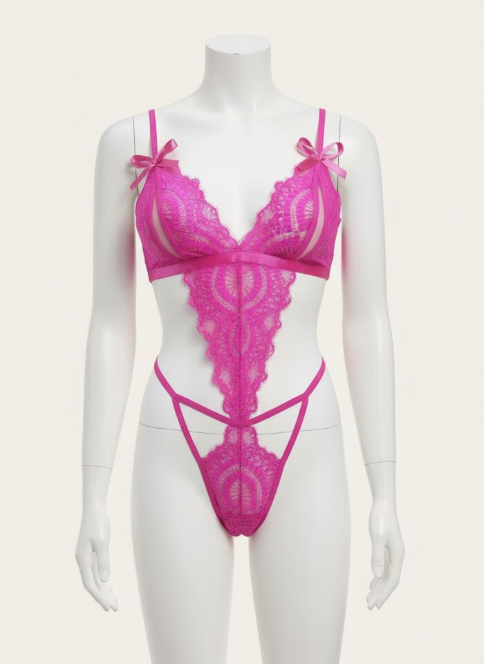 Fiyonklu Dantelli Fuşya Fantezi Body