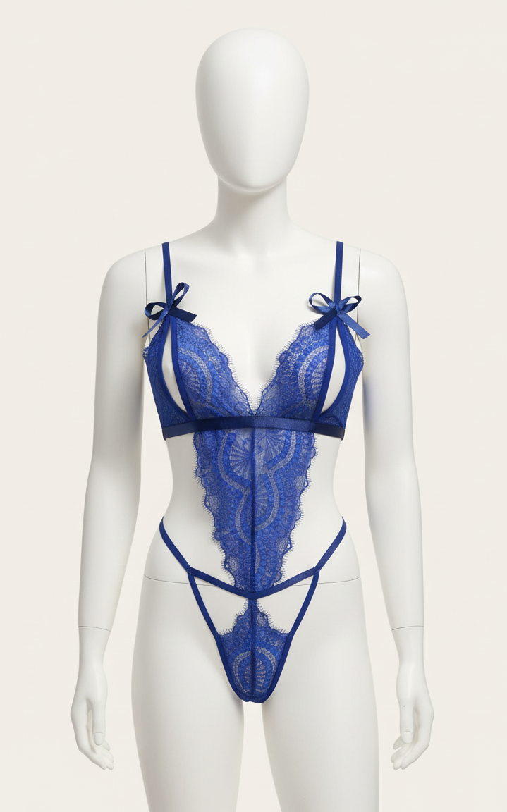 Fiyonklu Dantelli Saks Fantezi Body