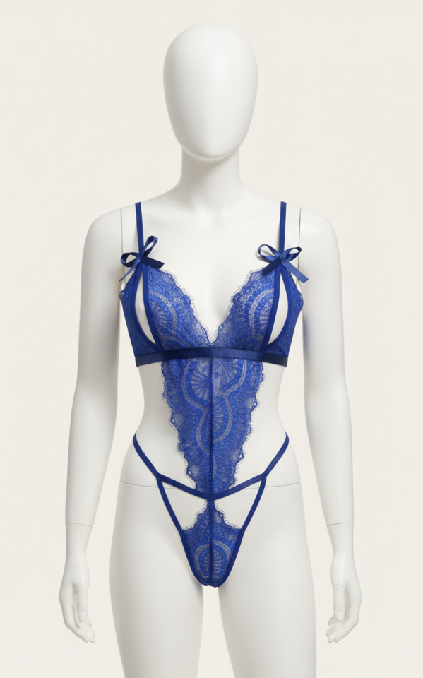 Fiyonklu Dantelli Saks Fantezi Body