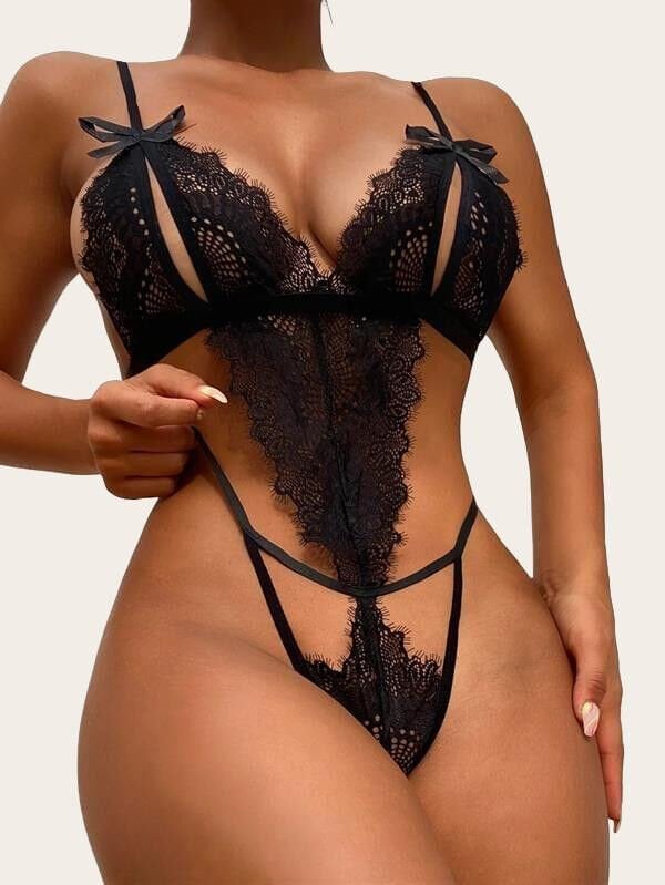 Arias Closet Fiyonklu Dantelli Siyah Fantezi Body