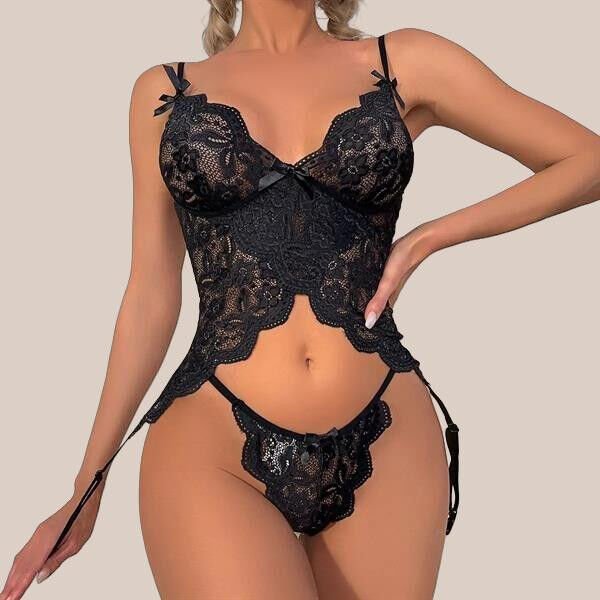 Özel Tasarım Arkadan Bağcıklı Fantezi Siyah Jartiyer Takım