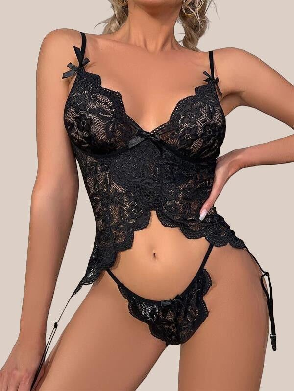 Arias Closet Özel Tasarım Arkadan Bağcıklı Fantezi Siyah Jartiyer Takım