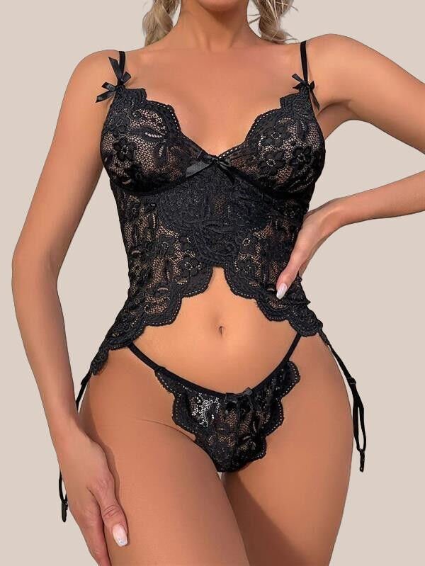 Arias Closet Özel Tasarım Arkadan Bağcıklı Fantezi Siyah Jartiyer Takım