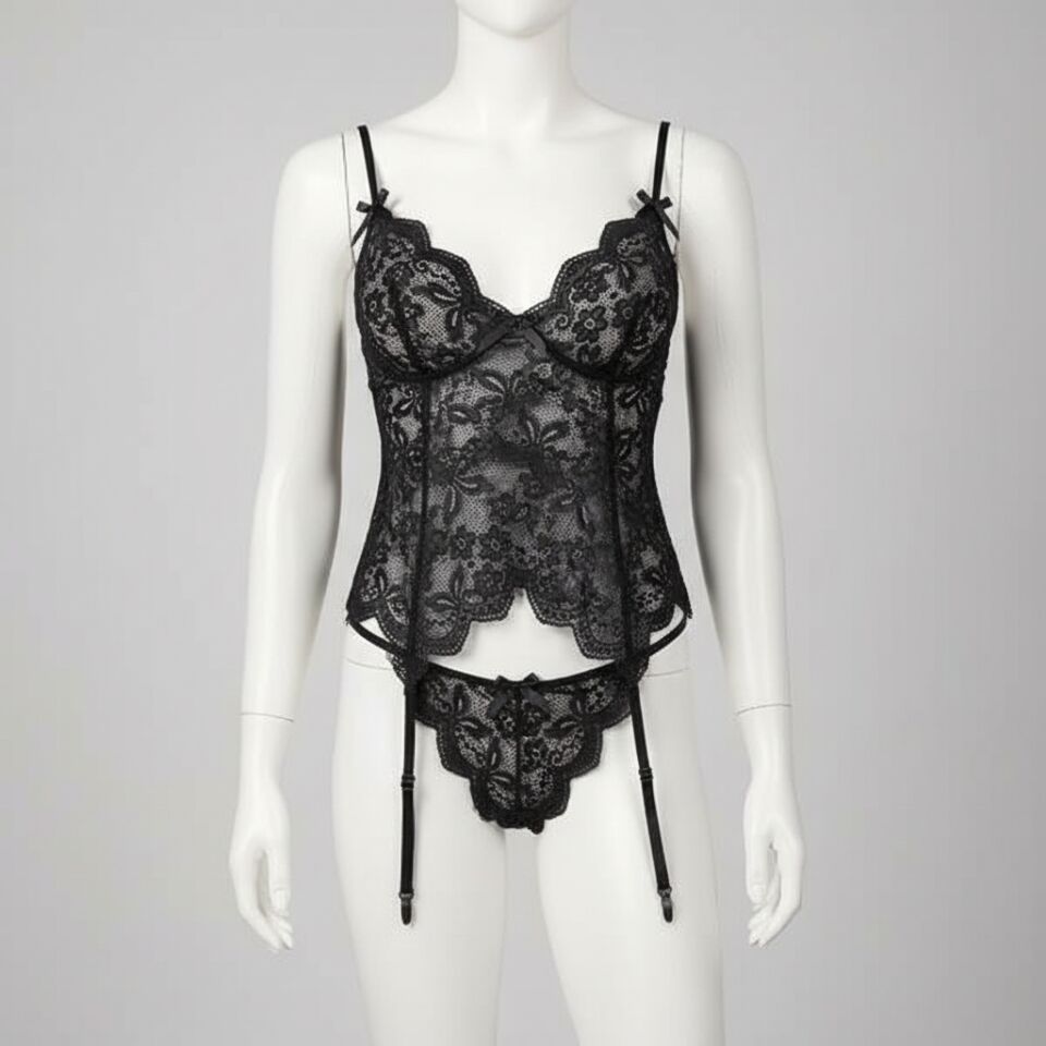 Özel Tasarım Arkadan Bağcıklı Fantezi Siyah Jartiyer Takım