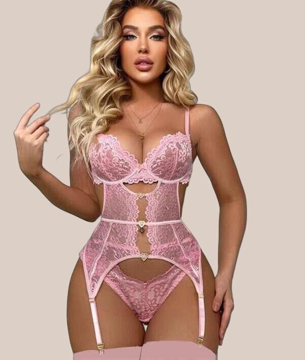 Arias Closet Kalp Aksesuarlı Dantelli Fantezi Pembe Jartiyer Takım