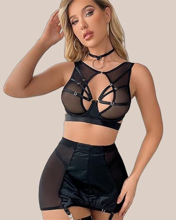 Arias Closet Özel Tasarım Seksi Etekli Siyah Fantezi Jartiyer Takımı