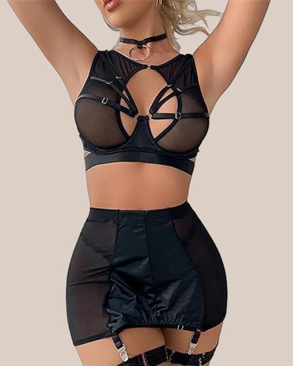 Arias Closet Özel Tasarım Seksi Etekli Siyah Fantezi Jartiyer Takımı