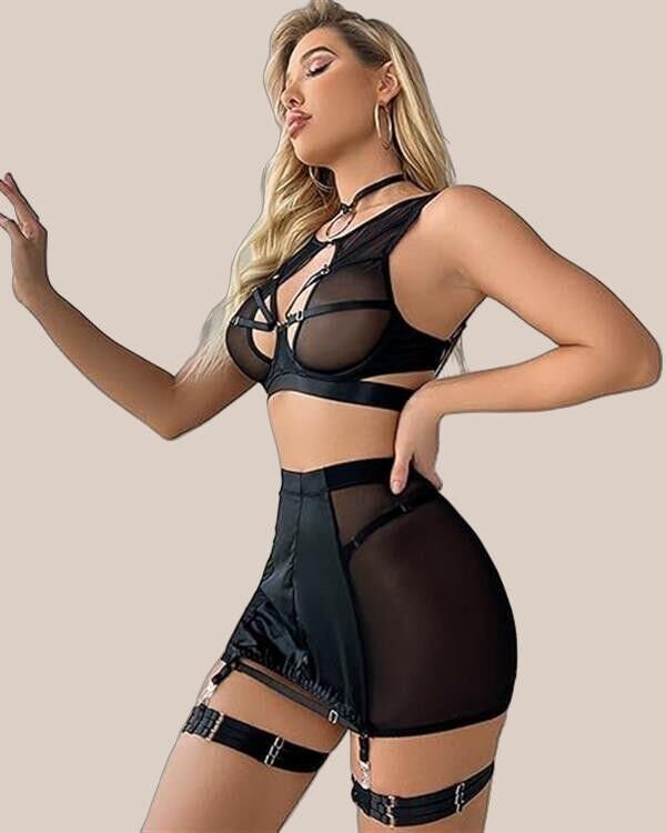 Arias Closet Özel Tasarım Seksi Etekli Siyah Fantezi Jartiyer Takımı