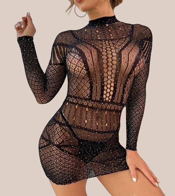 Özel Tasarım Siyah Taşlı Fantezi Vücut Çorabı