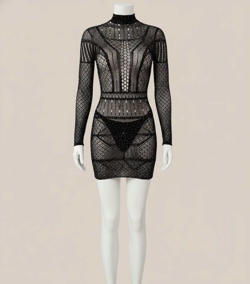 Özel Tasarım Siyah Taşlı Fantezi Vücut Çorabı