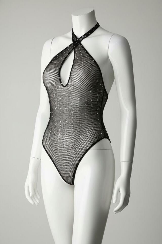 Arias Closet Özel Tasarım Siyah Taşlı Fantezi Boyundan Bağlamalı Vücut Çorabı