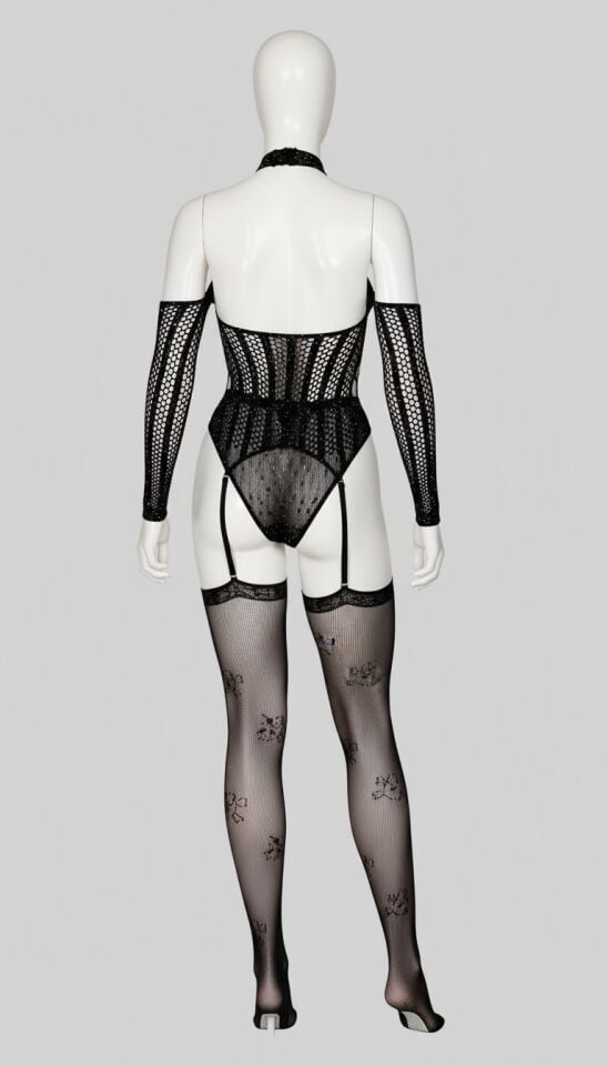 Arias Closet Özel Tasarım Siyah Taşlı Fantezi Jartiyerli Vücut Çorabı