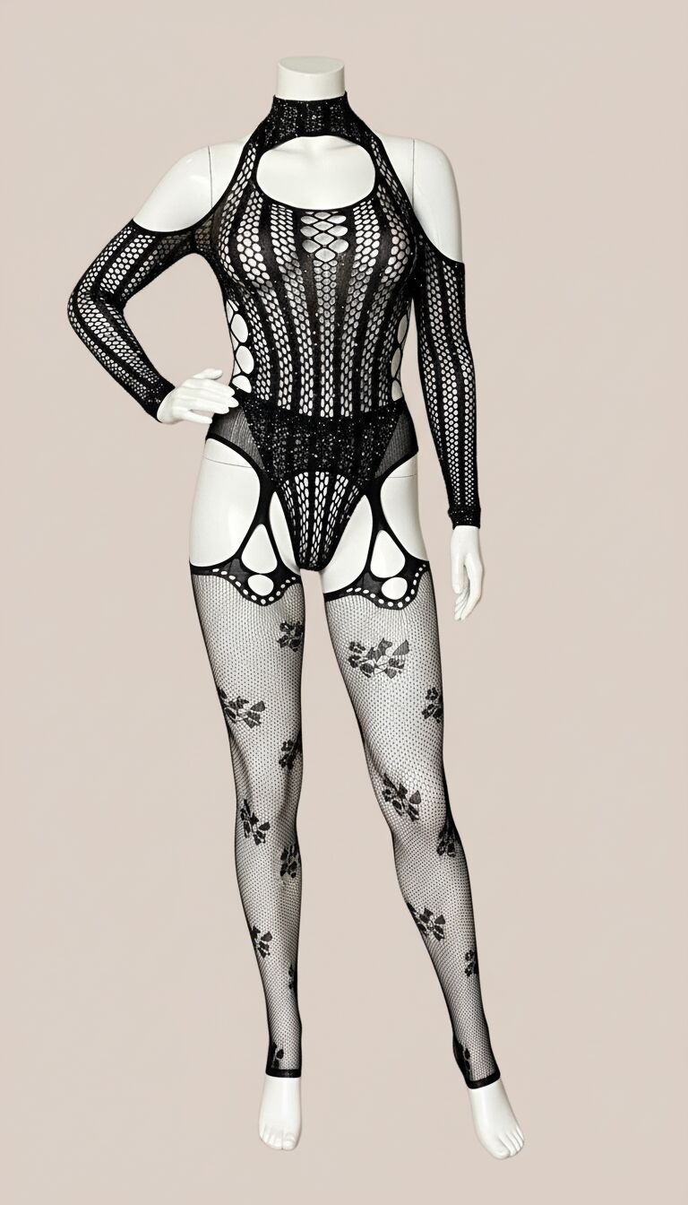 Özel Tasarım Siyah Taşlı Fantezi Jartiyerli Vücut Çorabı