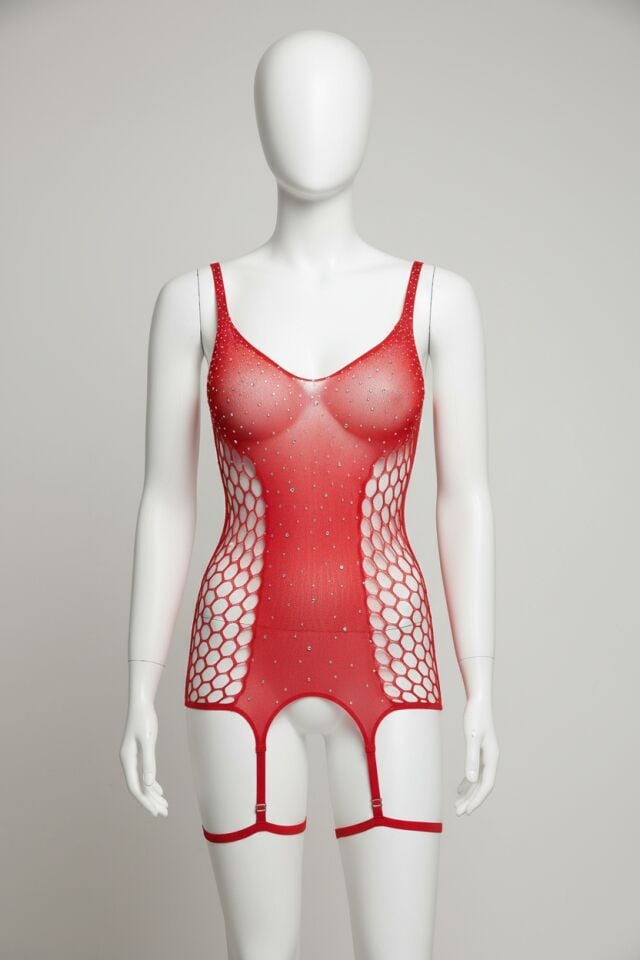 Arias Closet Özel Tasarım Kırmızı Taşlı Fantezi Jartiyerli Vücut Çorabı