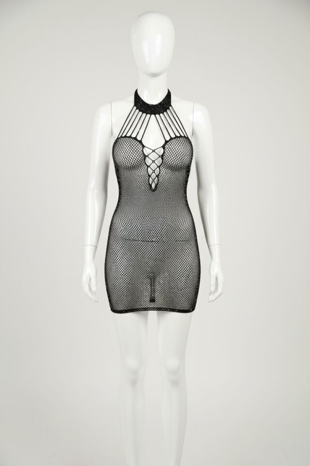 Arias Closet Özel Tasarım Boyundan Bağlamalı Siyah Taşlı Fantezi Vücut Çorabı