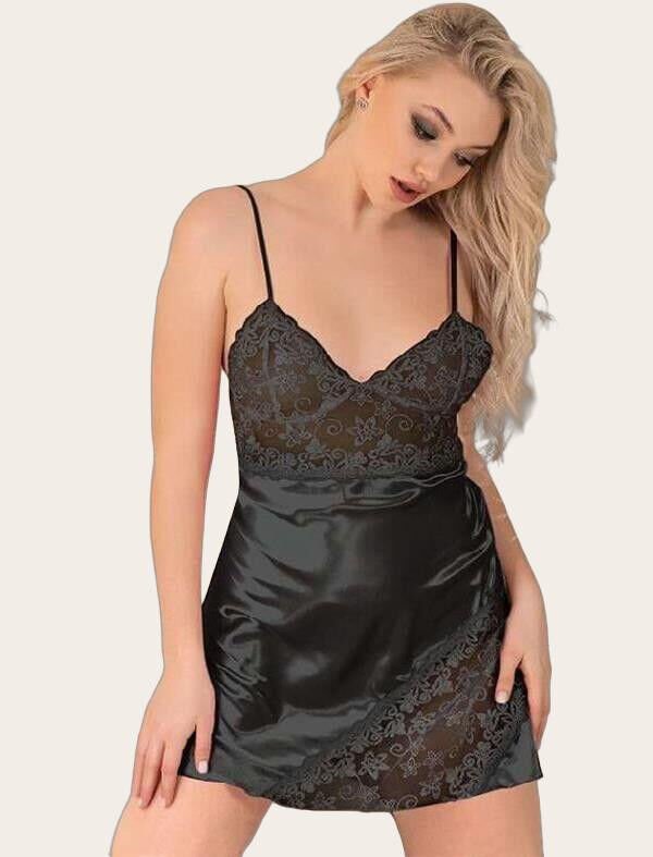 Arias Closet Siyah Dantel İşlemeli İnce Askılı Saten Kısa Fantezi Gecelik