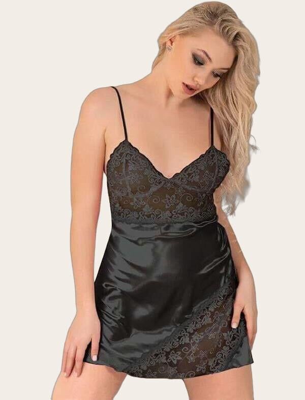 Arias Closet Siyah Dantel İşlemeli İnce Askılı Saten Kısa Fantezi Gecelik