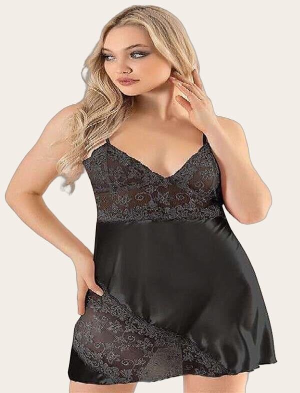 Arias Closet Siyah Dantel İşlemeli İnce Askılı Saten Kısa Fantezi Gecelik