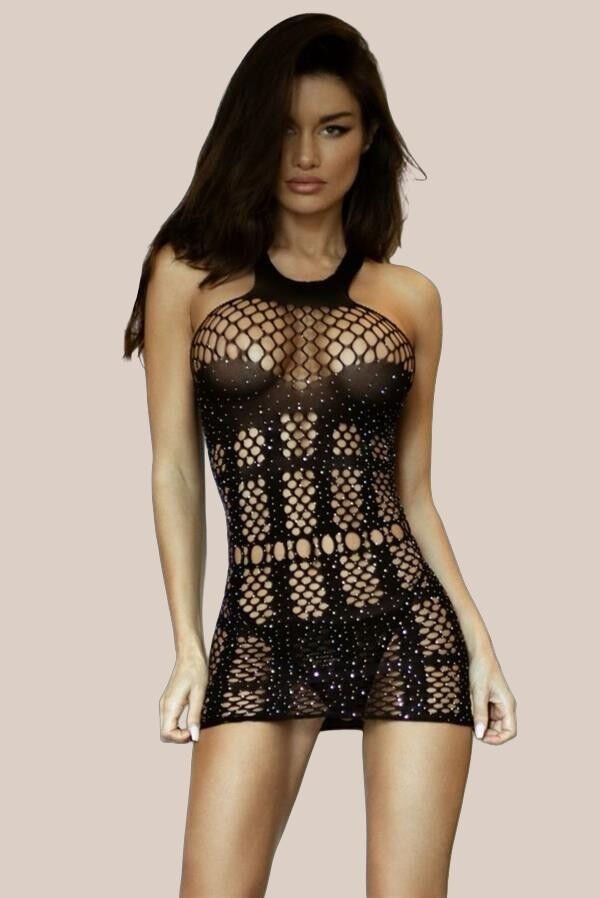 Özel Tasarım Boyundan Bağlamalı Siyah Taşlı Fantezi Vücut Çorabı