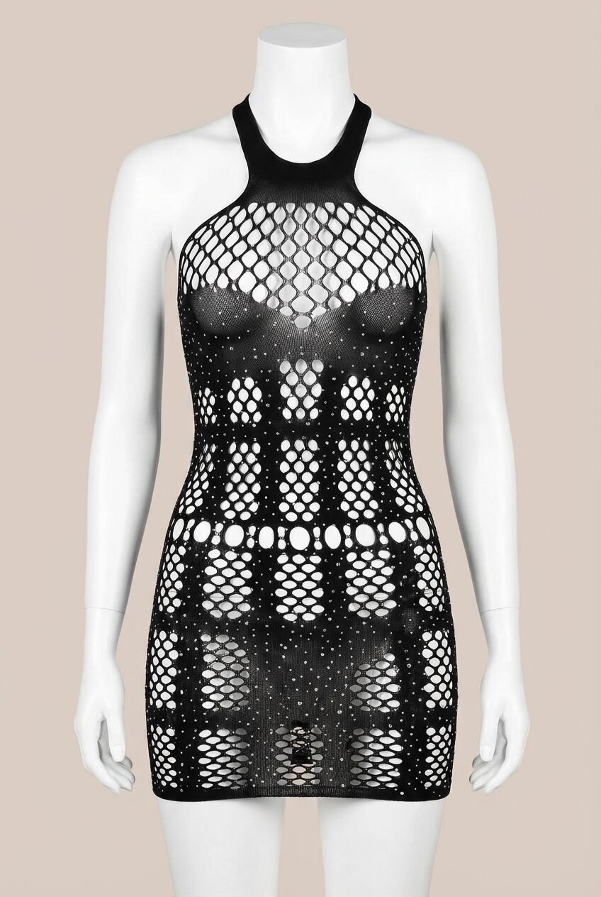 Özel Tasarım Boyundan Bağlamalı Siyah Taşlı Fantezi Vücut Çorabı