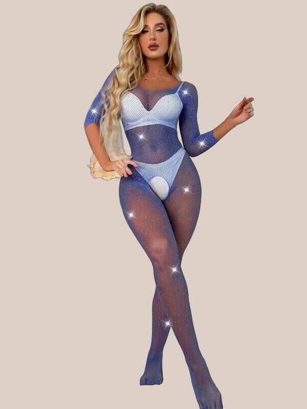 Özel Tasarım Taşlı Mavi Işıltılı Fantezi File Vücut Çorabı