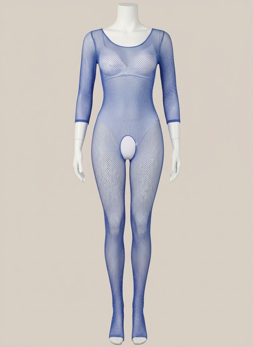 Özel Tasarım Taşlı Mavi Işıltılı Fantezi File Vücut Çorabı