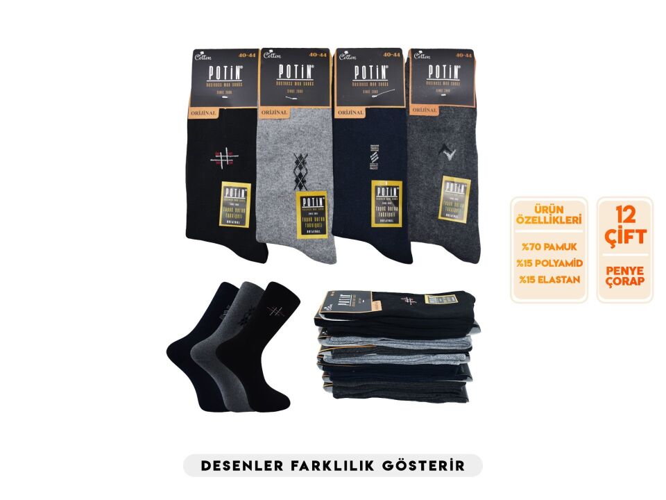 Potin Topuk Burun Takviyeli Erkek Penye Likralı Çorap 12'li