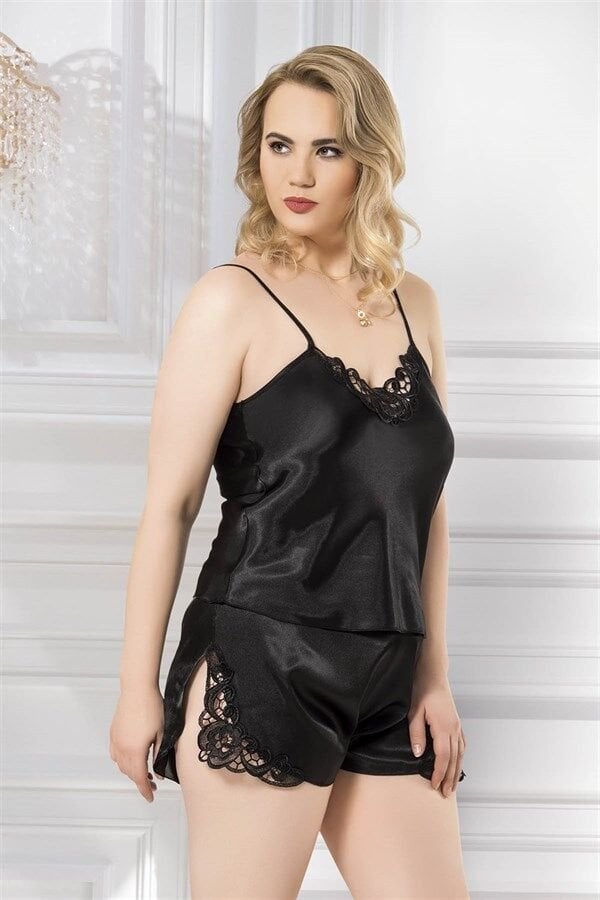 Arias Closet Büyük Beden Siyah Saten Babydoll Şort Takımı