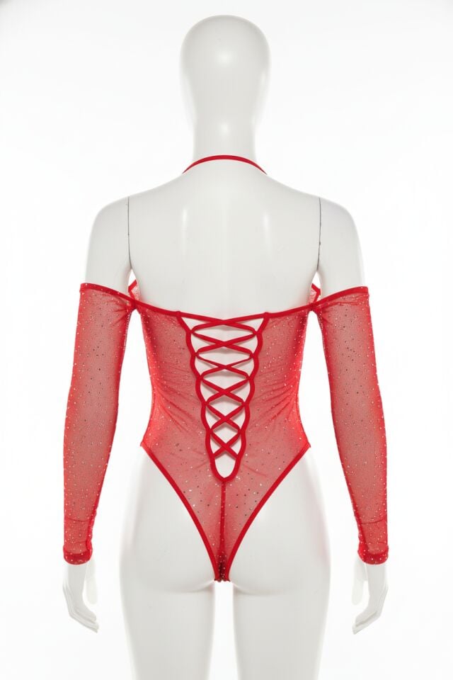 Arias Closet Özel Tasarım Kırmızı Taşlı Fantezi Vücut Çorabı