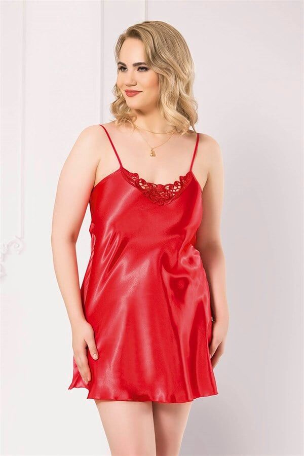 Arias Closet Büyük Beden Kırmızı Kısa Saten Gecelik