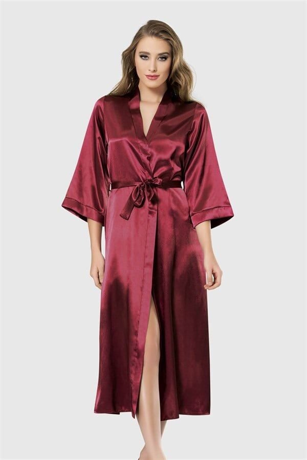Arias Closet Bordo Uzun Saten Sabahlık