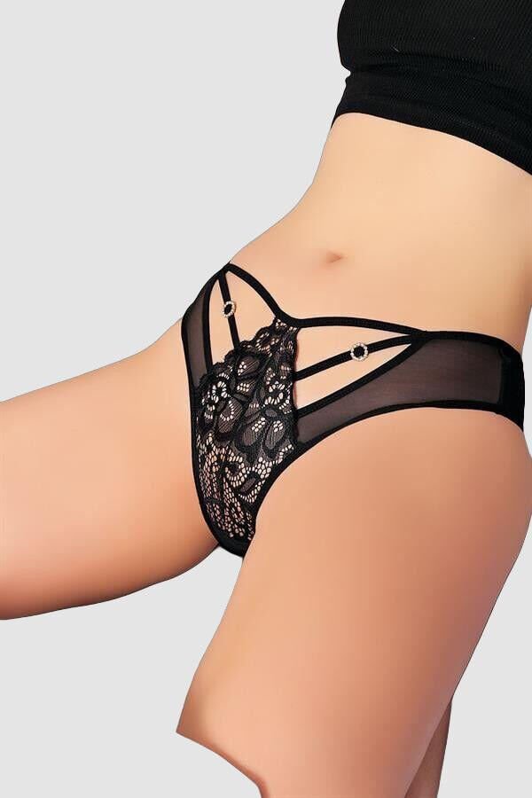 Arias Closet Siyah Dantelli Metal Aksesuarlı Fantezi Külot