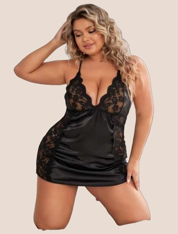 Arias Closet Büyük Beden Siyah Dantel İşlemeli Saten Gecelik