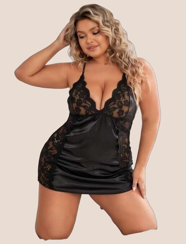 Büyük Beden Siyah Dantel İşlemeli Saten Gecelik