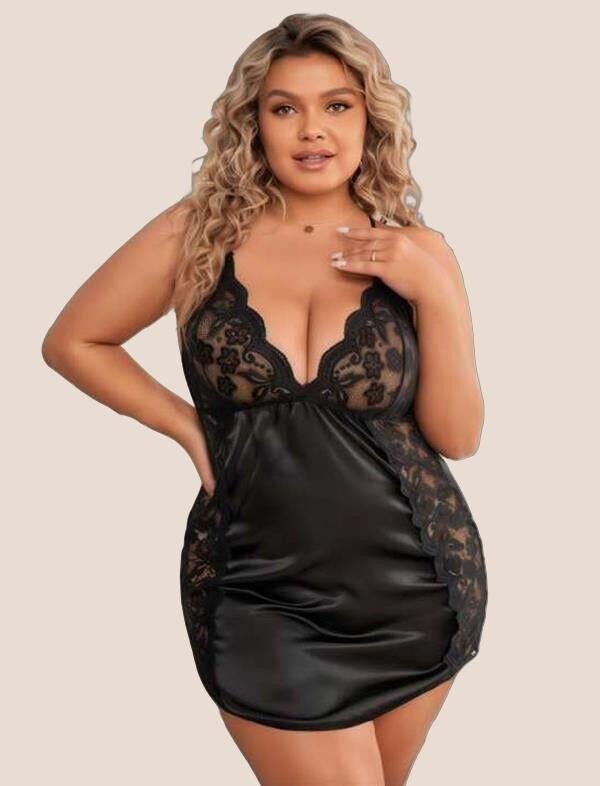 Arias Closet Büyük Beden Siyah Dantel İşlemeli Saten Gecelik