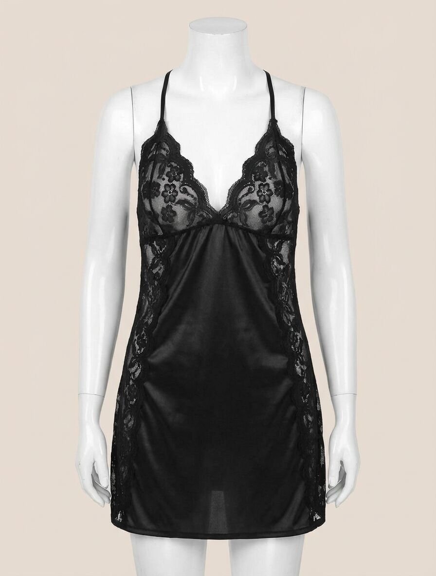 Büyük Beden Siyah Dantel İşlemeli Saten Gecelik