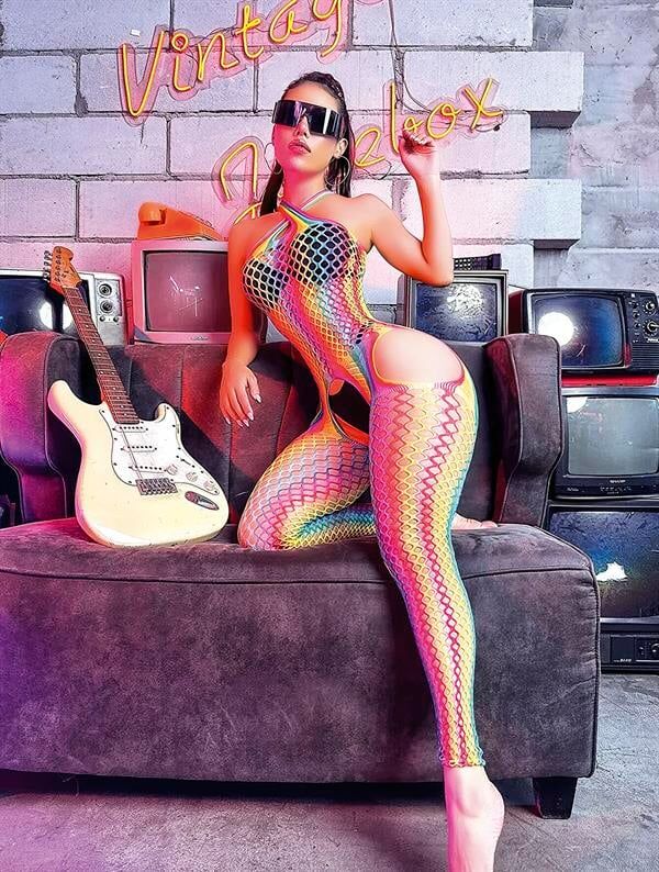 Arias Closet Gökkuşağı Desenli Fileli Fantezi Vücut Çorabı