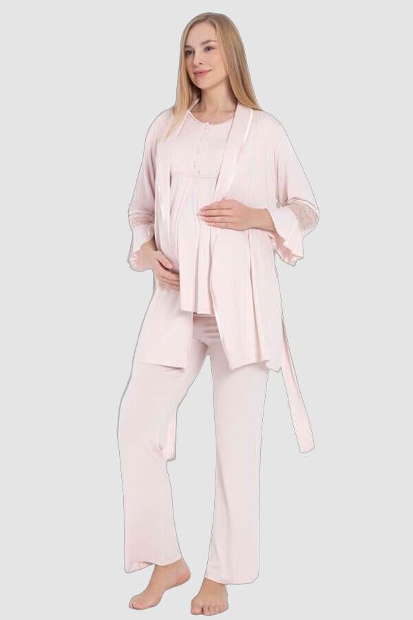 Kısa Kol Bisiklet Yaka Kadın Viskon Dantel Detaylı Hamile Pijama Takımı Sabahlık